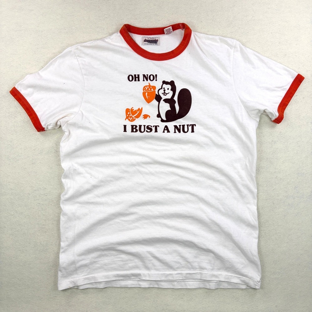 VTG Abercrombie & Fitch Mens Oh No I Bust A Nut Squirrel Ringer T-Shirt White XL